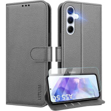 Étui portefeuille - TECHTA - pour Samsung Galaxy A55 5G - 1 Verre Trempé - Fermeture Magnétique - Gris