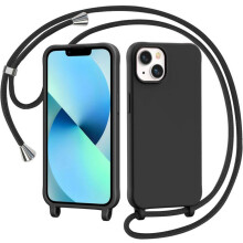 Coque pour iPhone 13 / iPhone 14 avec Cordon, Collier Étui Silicone Liquide avec Tour de Cou Lanière - Noir - TECHTA