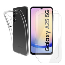 Verre trempé & Coque - Yuan Yuan - Samsung Galaxy A25 5G SM-A256B 6.5 - Lot 2 verres + coque - 9H 0,26mm - Silicone transparent