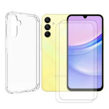 Verre trempé + coque - Yuan Yuan - Samsung Galaxy A15 4G 6.5" - Lot 2 verres - Coque silicone transparente - 0.26mm 9H