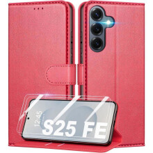 Étui Portefeuille - TECHTA - pour Samsung Galaxy S25 FE - 2 Verres Trempés - Pochette à Rabat Cuir PU - Rouge