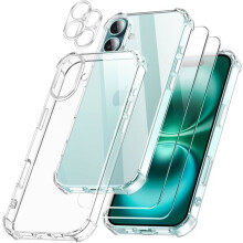 5 in 1 Coque pour iPhone 16 Plus avec 2 Verres Trempés et 2 Caméra Protecteur, Étui de Protection - Transparente - TECHTA