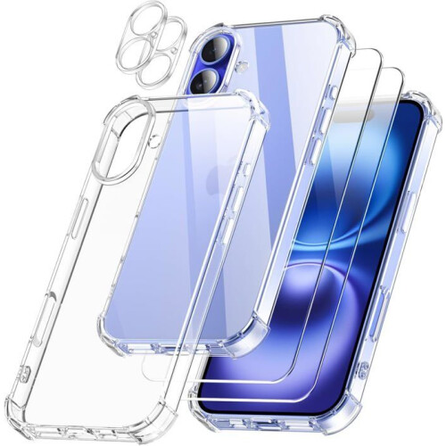 Coque TECHTA pour iPhone 16 + 2 verres trempés + 2 protections caméra - TPU Transparente