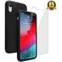Coque iphone XR Noir, Silicone Liquide Housse avec Ecran Verre Trempé Gratuit (noire)
