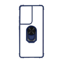 Coque antichoc - AVIZAR - Samsung S21 Ultra - Bi-matière bleu - Bague métallique support - 4 coins renforcés