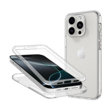 Coque pour Apple iPhone 16 Pro Max - housse etui silicone gel fine 360 integrale (avant et arriere) + verre trempe - TRANSPARENT