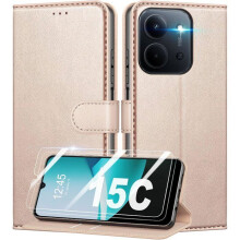 TECHTA Coque pour Xiaomi Redmi 15C + 2 Pièces Verre Trempé,Étui de Protection Housse , Pochette de Portefeuille Etui à Rabat - Rose