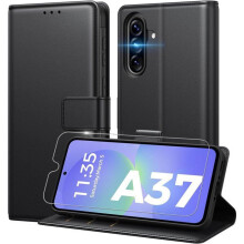 Étui Portefeuille - TECHTA - pour Samsung Galaxy A37 5G - 1 Verre Trempé - Pochette Fermeture Magnétique Cuir PU - Noir