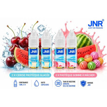 JNR Lot 4 E-liquides 10ml 20mg/ml – 2 Cerise Pastèque Ice + 2 Pastèque Bubblegum – Sels Nicotine 50/50