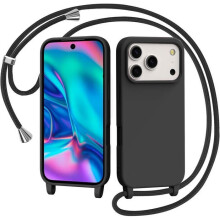 TECHTA Coque pour iPhone 17 Pro Max avec Cordon, Collier Étui Silicone Liquide avec Tour de Cou Lanière en Corde Souple TPU - Noir