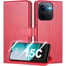 Étui Portefeuille - TECHTA - pour Xiaomi Redmi 15C - 2 Verres Trempés - Cuir PU - Rouge