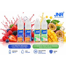 JNR Lot 4 E-liquides 10ml 20mg/ml – 2 Fruits Rouges + 2 Mangue Passion – Sels Nicotine 50/50 Compatible Pod