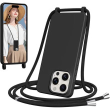 TECHTA Coque pour iPhone 15 Pro Max avec Cordon, Collier Étui Silicone avec Tour de Cou Lanière Corde Bandouliere Case, Noir