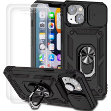 Coque - TECHTA - pour iPhone 14 Plus - 2 Verres Trempés - Anneau Support - Noir