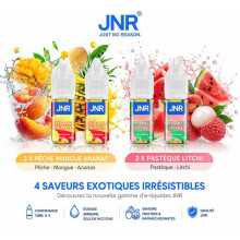 JNR E-liquide 10ml x4 20mg/ml - 2 Pêche Mangue Ananas + 2 Pastèque Litchi - Saveurs Fruits Exotiques