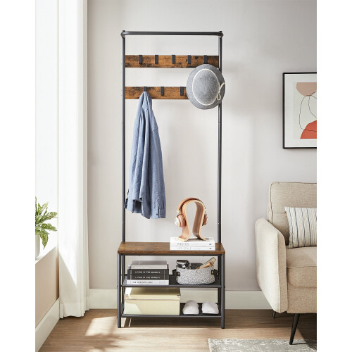 Coat Rack - Wood - Rustic Brown and Black - Hall Tree with Shoe Storage and Movable Hooks 2