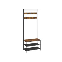 Coat Rack - Wood - Rustic Brown and Black - Hall Tree with Shoe Storage and Movable Hooks