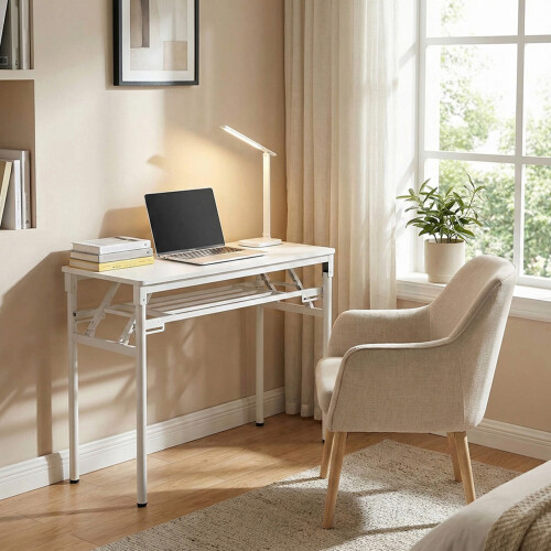 Living And Home (White, 100x40cm) 2-Tier Folding Office Desk Portable Writing Table 1