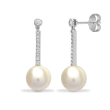 Jewelco London Ladies 18ct White Gold Rub Over Set Round G SI1 0.15ct Diamond and Round Pearl Full Moon Drop Earrings - 18E280