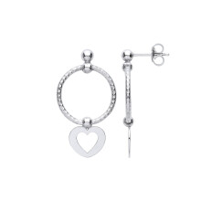 Jewelco London Ladies Platinum Plated Sterling Silver Love Heart Swing Bead Barked Hoop Drop Earrings - EAG1099