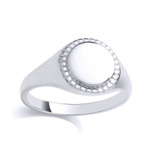(S) Jewelco London Mens Rhodium Plated Sterling Silver Beaded Mill Grain Edge Round Signet Ring - GVR983