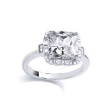 (O) Jewelco London Ladies Rhodium Plated Sterling Silver Radiant Baguette CZ Collared Assorted Halo Cluster Cocktail Ring - GVR977
