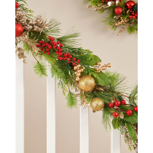 9FT Pre-Lit Decorated Mixed Tip Garland, Red and Gold 1