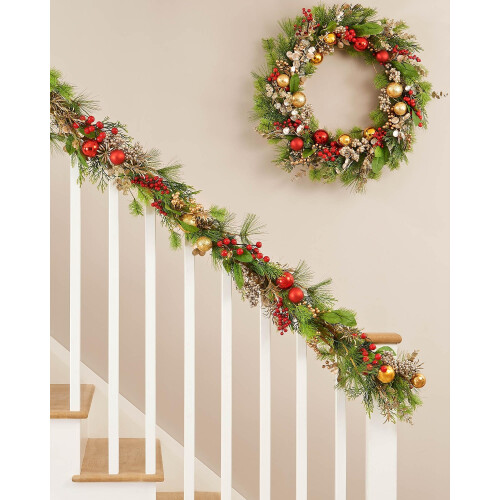 9FT Pre-Lit Decorated Mixed Tip Garland, Red and Gold 2