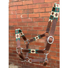 HorseLeather Polo Headcollar, Handmade Embroidered Pattern, Brown with Adjustable Straps, Green/Beige (Pony)