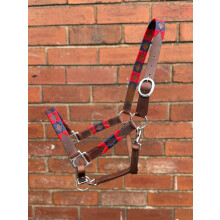 HorseLeather Polo Headcollar, Handmade Embroidered Pattern, Brown with Adjustable Straps, Red/Navy (Cob)