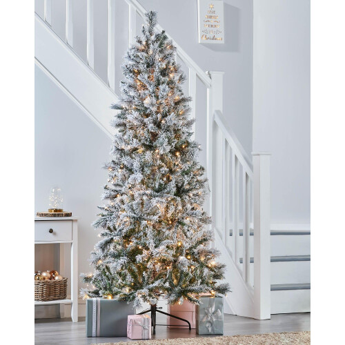 WeRChristmas 6 ft Slim Snow Flocked Spruce Pre-Lit Multi-Function Christmas Tree with 300 Warm White LED Lights/ 8 Setting Controller/ Easy Build 1