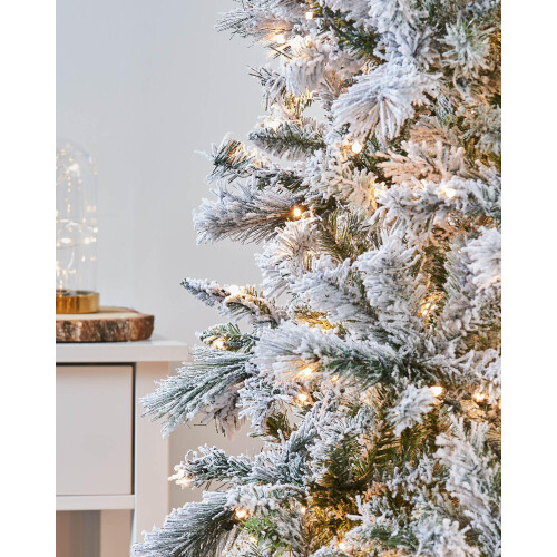 WeRChristmas 6 ft Slim Snow Flocked Spruce Pre-Lit Multi-Function Christmas Tree with 300 Warm White LED Lights/ 8 Setting Controller/ Easy Build 2