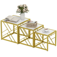 Nesting Coffee Tables, Set of 3 Square Side Tables with Black Metal Frame, for Living Room, Bedroom and Office, White
