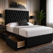 (Blue, 6ft Super King (with 2 Drawer)) Plush Divan Double Bed with 54" High Chesterfield Headboard with Mattress Included Option| 2 or 4 Storage Drawers Option | Hand Made UK