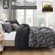 (Double: 200X200cm, Black Grey Waves) Hotel Quality Printed Duvet Cover Luxury Soft Bedding Reversible 3 Piece Quilt Covers