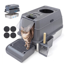 IGAD XXL Stainless Steel Cat Litter Box. High Sides, Non-Stick, Easy Clean, Odour Control, Removable Lid & Scoop (Grey Double Entry)