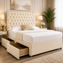 (Grey, 4ft Small Double (without Drawer)) Plush Divan Double Bed with 54" High Chesterfield Headboard with Mattress Included Option| 2 or 4 Storage Drawers Option | Hand Made UK