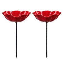 Set of 2 Handmade Flower Garden Stake with Bee Bath & Wild Bird Water Bowl Decor