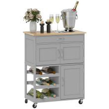 Modern Kitchen Trolley, Rolling Island Storage Cart with Drawer, 9-bottle Wine Rack, Door Cabinets, Wooden Countertop, Grey