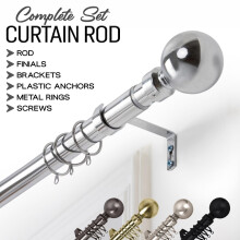 (( 160-300 cm (63" - 118" Inches), Chrome - Plain Ball Curtain Rod) Metal Curtain Pole Extendable 28mm With Finials Rings Hooks Rod Fittings