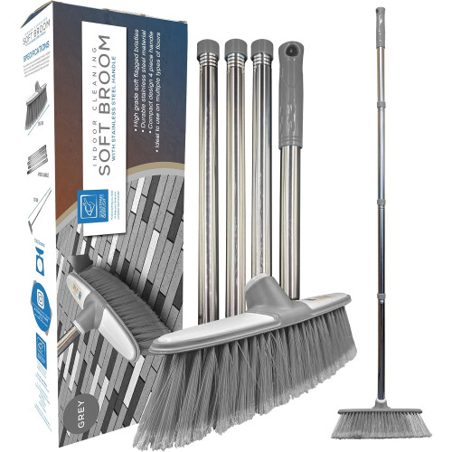 Soft Indoor Broom Grey Stainless Steel Handle