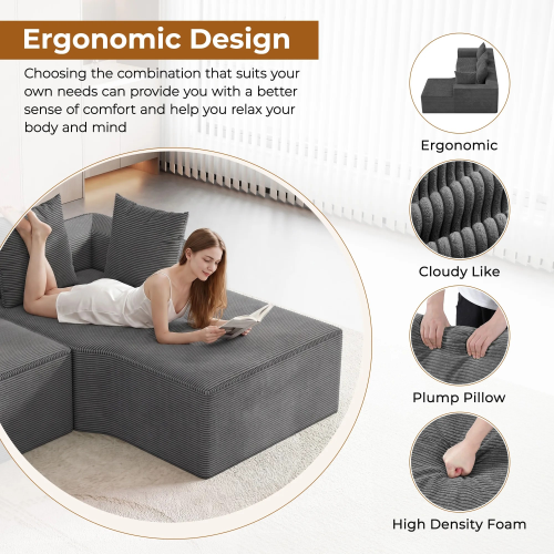 Corduroy Right L-Shaped Modular Sofa Grey 2