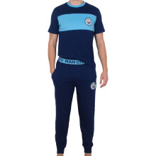 Manchester City FC Official Mens Premium Long Pyjamas Set Navy/Sky Blue XXL