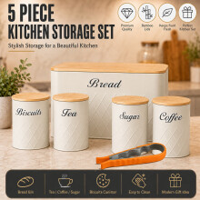 Cream Bread Bin & Tea Coffee 5Pcs Canister Set