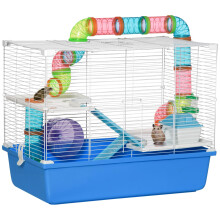 PawHut Hamster Cage w/Tubes Exercise Wheel, Water Bottle, Food Dish - Blue