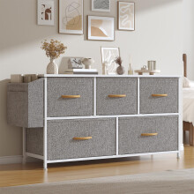 Feonase Fabric 5 Drawer Storage Cabinet with Side Pocket – Wide Dresser Chest for Bedroom, Hallway, Nursery & Closet, Metal Frame & Wood Top