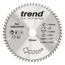 Trend Wood Circular Saw Blade, 260mm Diameter, 30mm Bore, 60 Teeth, 2.3mm Kerf, +10 Hook, TCT, Fine Finish, CSB/26060