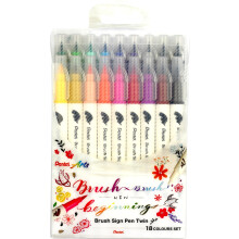Pentel SESW30C-18 Brush Sign Pen Twin 18 Colours Set Fibre-Tip Pens with Two Flexible Writing Tips, Water-Based Ink, Assorted