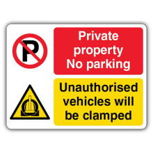 V Safety Private/No Parking/Vehicles Will Be Clamped - Dual Symbol - Landscape Safety Sign - 600 x 450 mm - RA1 Reflective 3mm Aluminium Composite