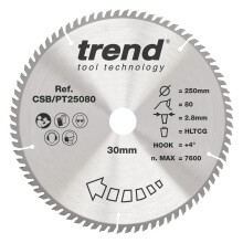Trend Laminate & HPL Circular Saw Blade, 250mm Diameter, 30mm Bore, 80 Teeth, 2.8mm Kerf, +4 Hook, TCT, Super-Fine Finish, CSB/PT25080